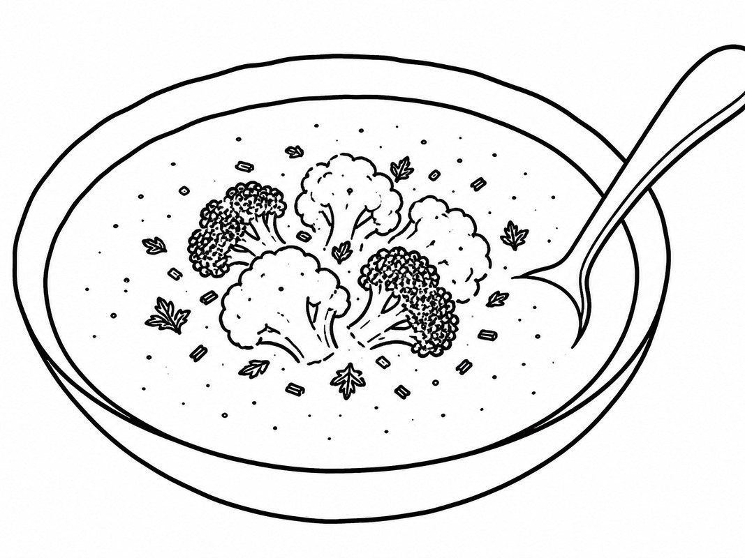 Line art drawing of a bowl of broccoli and cauliflower soup