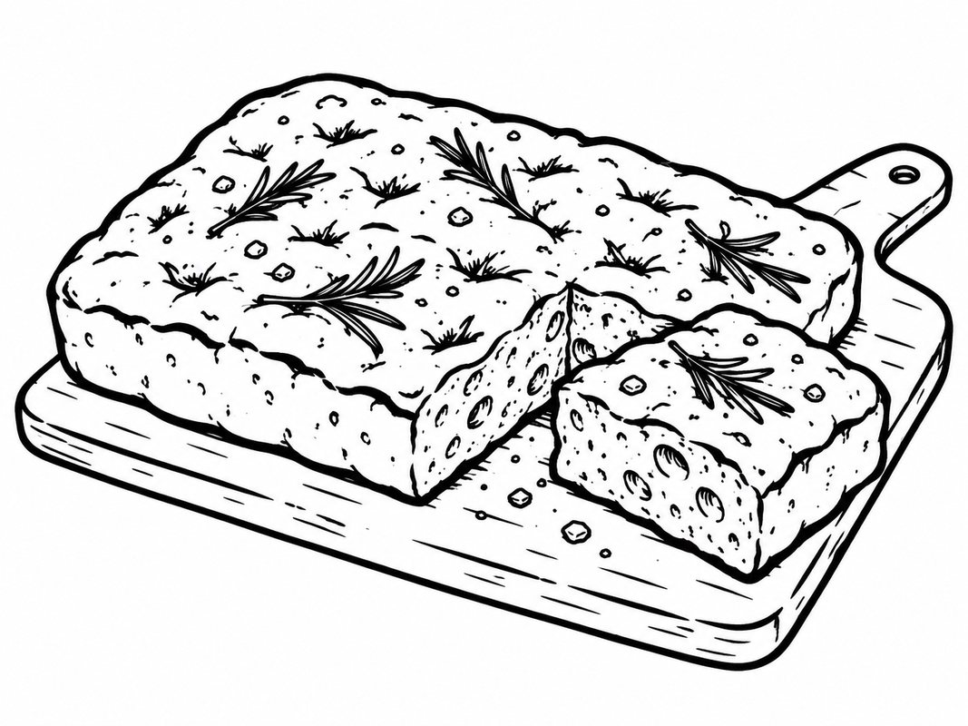 Black-and-white line drawing of rosemary focaccia on a wooden board