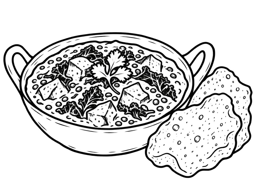 Black-and-white line drawing of coconut lentil curry with sweet potato, kale, coriander and poppadoms